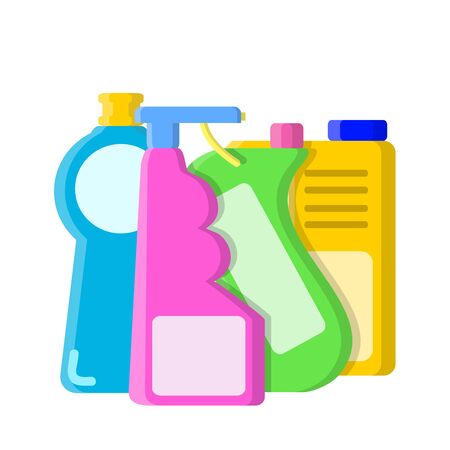 Color different bottles with shampoo, liquid soap and cleaner in flat style on white, stock vector illustrationのイラスト素材