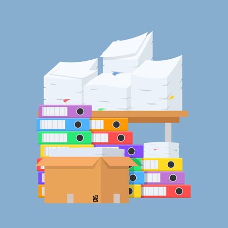 Stack of many color document folders, paper and cardboard box on office table for design, stock vector illustrationのイラスト素材
