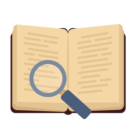 Flat book icon. Library books, open dictionary page and encyclopedia on stand. Pile of paper magazines, ebook globe and novel booklet, publishing vector isolated symbolのイラスト素材