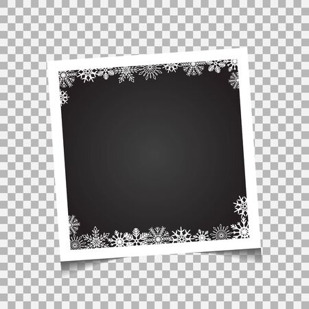 Christmas square photo frame with snow and shadow on transparent background. Photograph empty blank holiday celebration template. Retro memory pictureのイラスト素材