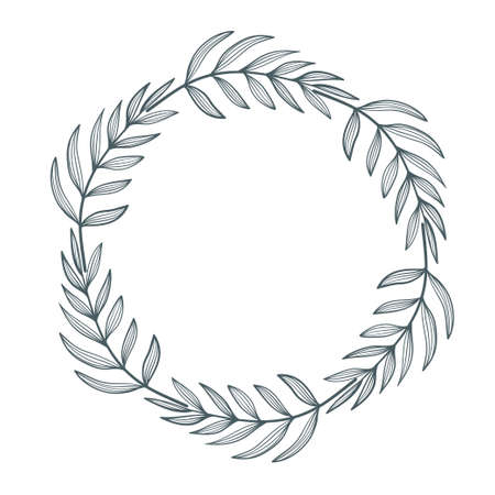 Round circle floral branch border with leaves hand drawn for design element on white, stock vector illustrationのイラスト素材