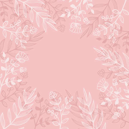 Decorative spring pink background with hand drawn flowers, branches with leaves and other floral elements for designのイラスト素材
