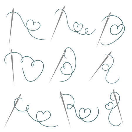 Heart with a needle thread icon for design on white, set of different form of hearts. vector illustrationのイラスト素材