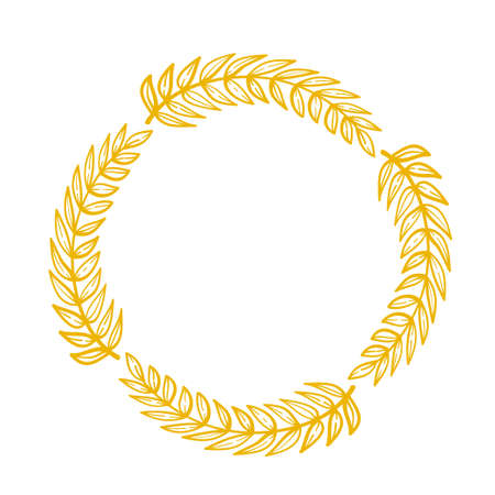 Round circle golden floral branch border with leaves hand drawn for design element on white, stock vector illustrationのイラスト素材