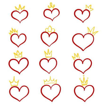 Hand drawn set of heart with crown for design on white, stock vector illustrationのイラスト素材