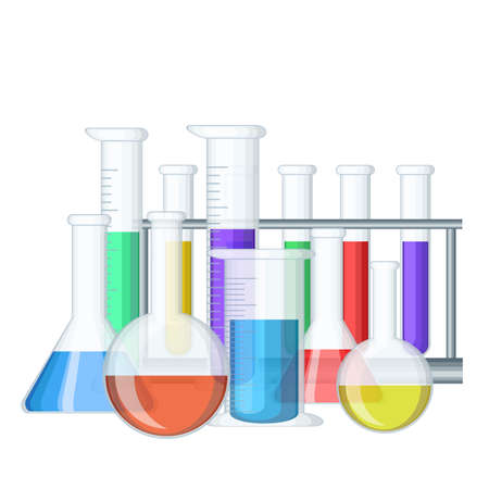 group of different chemical medical test tubes with color liquidのイラスト素材