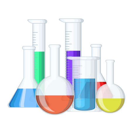 group of different chemical medical test tubes with color liquidのイラスト素材
