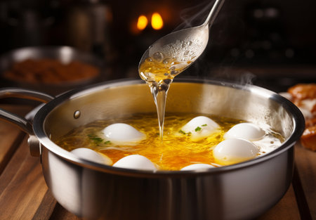 Soup with boiled poached eggs, cooking conceptの素材