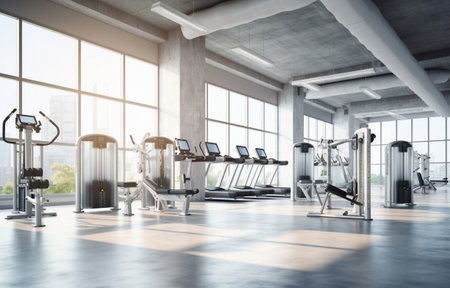 stylish and modern fitness gym with a variety of fitness equipment and machines, light backgroundの素材