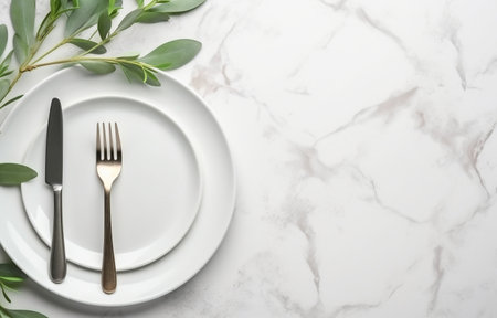 Stylish setting with cutlery and eucalyptus leaves on white marble tableの素材