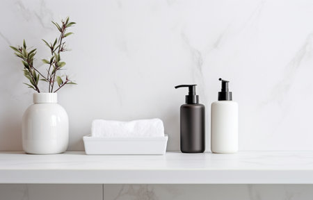 Soap, shampoo bottles on white marble sink shelf in light bathroomの素材