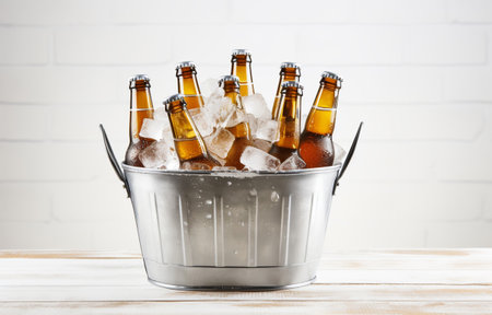 Beer bottles in metal basket with ice cubes on light background for party drinkの素材