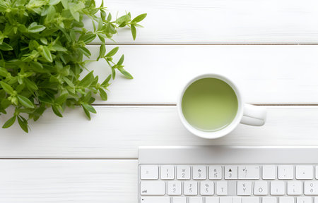 computer keyboard, coffee cup, plant leaves herb on white wooden table, office work conceptの素材