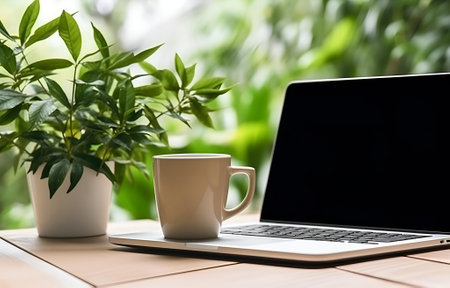laptop, coffee cup and plant on white wooden table, office work conceptの素材