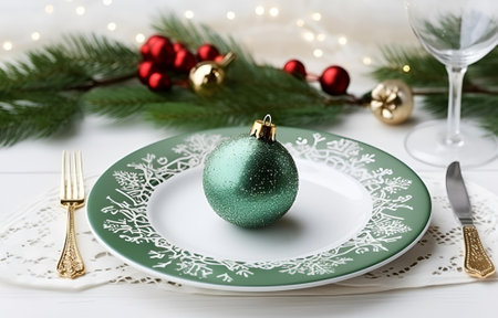 white plate, fork, knife on wooden table with christmas decor for holiday supper party designの素材