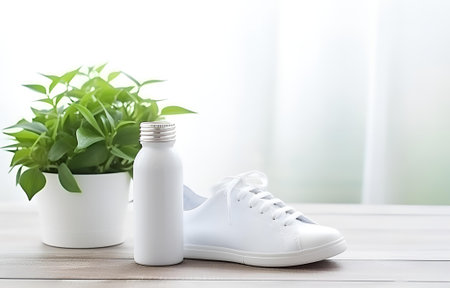 white sneakers and bottle of water on white wooden floor near window for sport fitness card designの素材