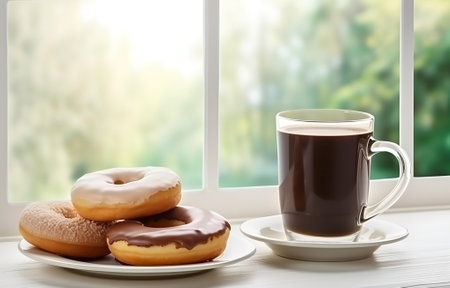 cup of coffee and donut on plate on white wooden table near window, morning breakfast card designの素材
