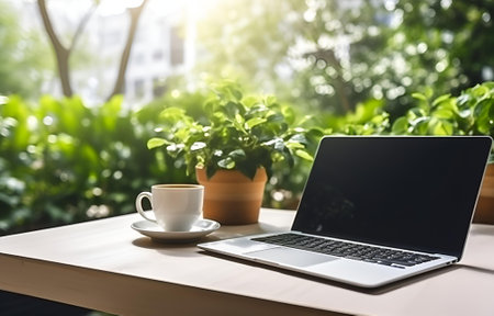 laptop, coffee cup and plant on white wooden table, office work conceptの素材