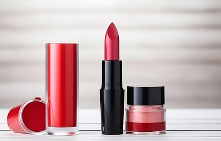 red lipstick, lip gloss, mascara, powder on white wooden table soft light for beauty fashion designの素材