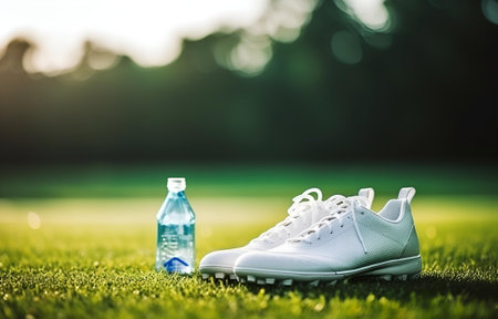white sneakers and bottle of water on green grass field for sport fitness card designの素材