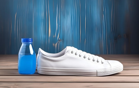 white sneakers and bottle of water on white wooden floor near window for sport fitness card designの素材
