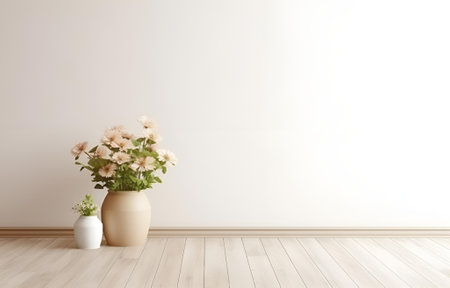 empty light room modern design, flowers in vase on white wooden floorの素材