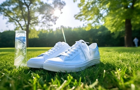white sneakers and bottle of water on green grass field for sport fitness card designの素材