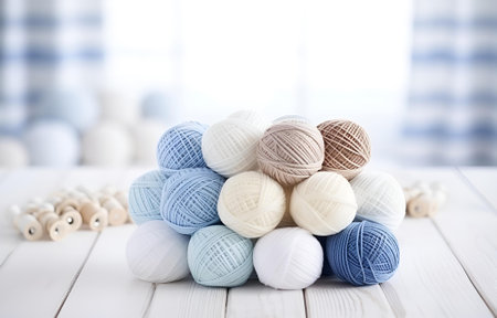 colorful balls of thread and metal knitting needles on a white wooden table for handicraft card design soft lightの素材