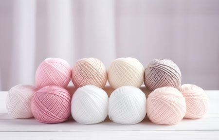 colorful balls of thread and metal knitting needles on a white wooden table for handicraft card design soft lightの素材