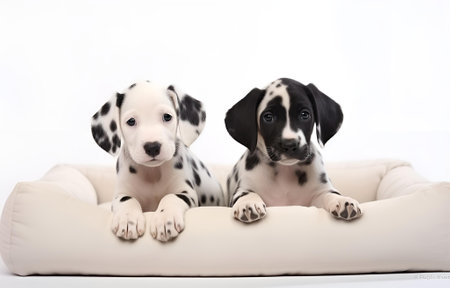 Two Dalmatian puppies in pet bed on white background for pet vet care card designの素材