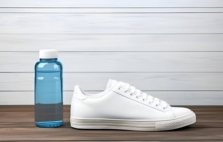 white sneakers and bottle of water on white wooden floor near window for sport fitness card designの素材