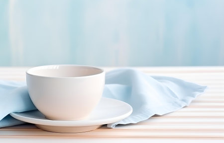 cup with plate on napkin pastel color on wooden white table soft light serving conceptの素材