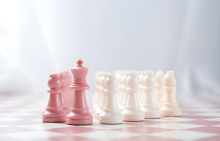 colorful white and pink chess on chessboard on white wooden table competition concept soft lightの素材