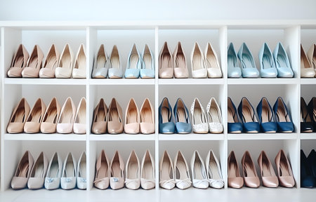 colorful shoes on shelves in white wooden closet on white room background soft lightの素材