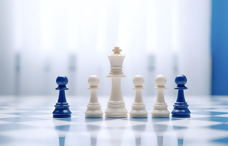 colorful white and blue chess on chessboard on white wooden table competition concept soft lightの素材