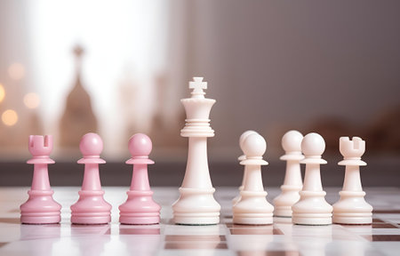 colorful white and pink chess on chessboard on white wooden table competition concept soft lightの素材