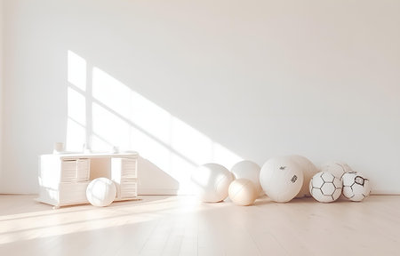beige sport equipment ball, mat on white wooden floor light room for fitness designの素材