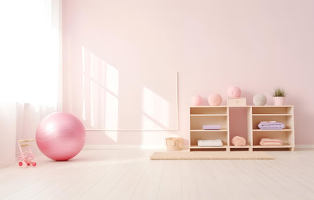 pink sport equipment ball, mat on white wooden floor light room for fitness designの素材