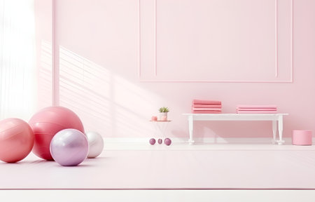 pink sport equipment ball, mat on white wooden floor light room for fitness designの素材