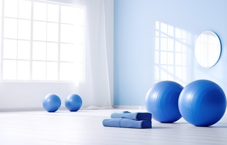 blue sport equipment ball, mat on white wooden floor light room for fitness designの素材
