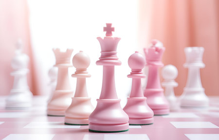 colorful white and pink chess on chessboard on white wooden table competition concept soft lightの素材