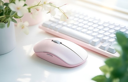 computer keyboard and mouse with pad and plant in pot on white wooden table soft light, freelancing workspace conceptの素材