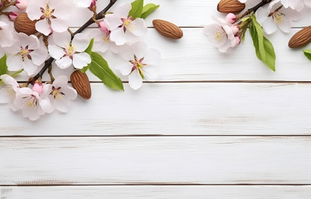 nuts almonds and almond flowers with leaves on white wooden table soft light for diet food card designの素材