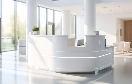 white reception desk in a clinic with light colorful walls soft light for healthcare medical card designの素材