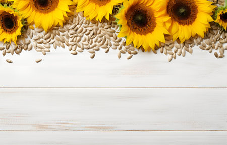 sunflower flowers with leaves and seeds on white wooden table soft lightの素材
