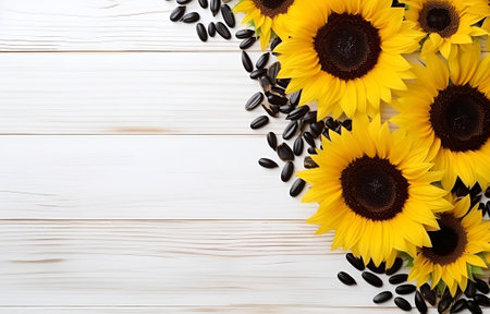 sunflower flowers with leaves and seeds on white wooden table soft lightの素材