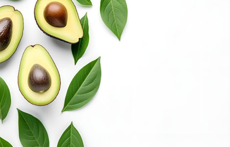 fresh avocado fruit with leaves on white wooden table for healthy life eating and diet card designの素材