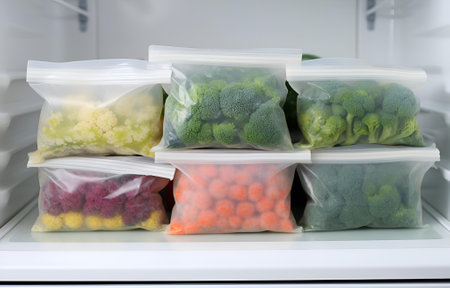 Plastic bags with deep frozen vegetables on white shelves in the refrigeratorの素材