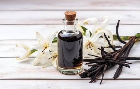 Aromatic homemade vanilla extract and vanilla flowers on white wooden table for aroma card designの素材