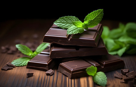 Pieces of dark chocolate with mint on white wooden table for food dessert designの素材